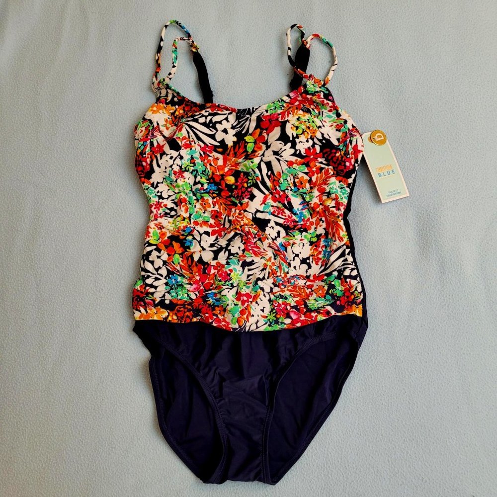 41. Christina Blue, pink rose swimsuit. Size 8D. NWT